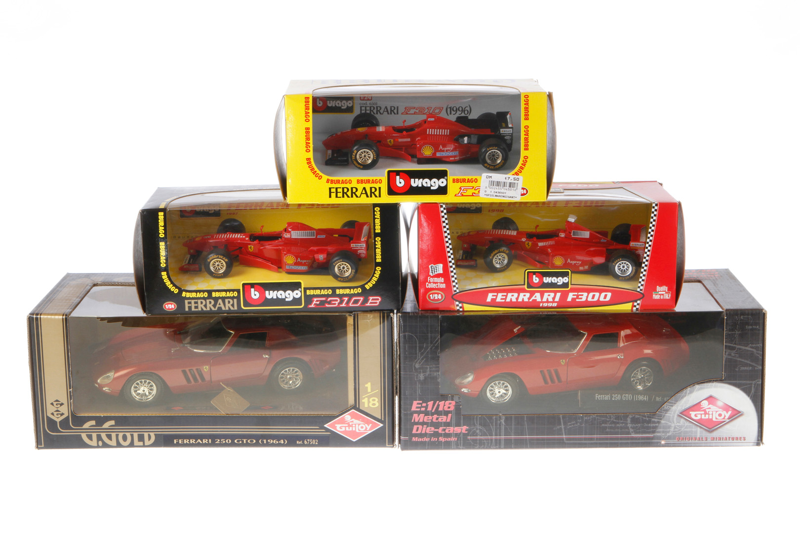 3 Bburago Ferrari F300/310, Maßstab 1:24 und 2 Guitoy Ferrari 250 GTO, Maßstab 1:18, leichte