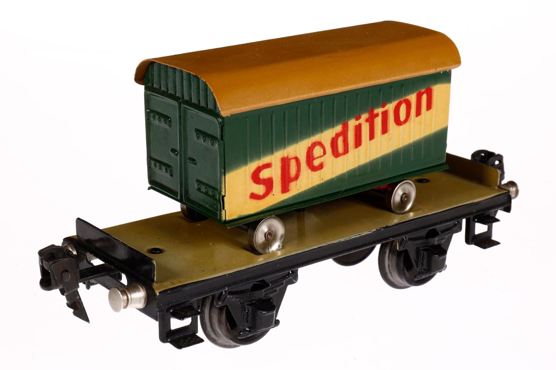 Märklin Plattformwagen 1706, Spur 0, HL, mit Möbelwagen "Spedition", LS und gealterter Lack, L 16,5, - Bild 3 aus 4