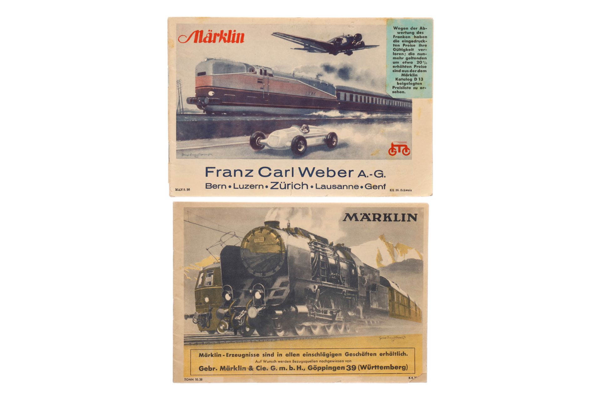 2 Märklin Klein-Kataloge 36 Schweiz und 38 D, je 32 Seiten, Alterungsspuren