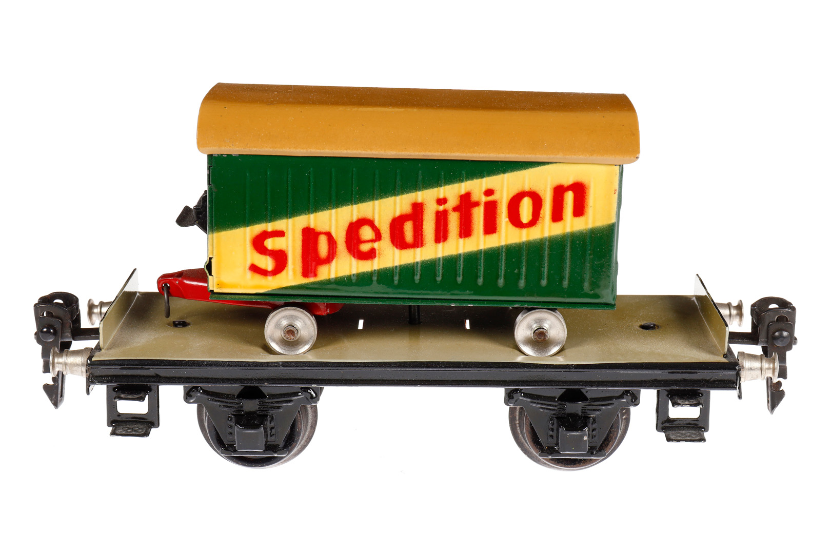 Märklin Plattformwagen 1706, Spur 0, HL, mit Möbelwagen "Spedition", LS und gealterter Lack, L 16,5,