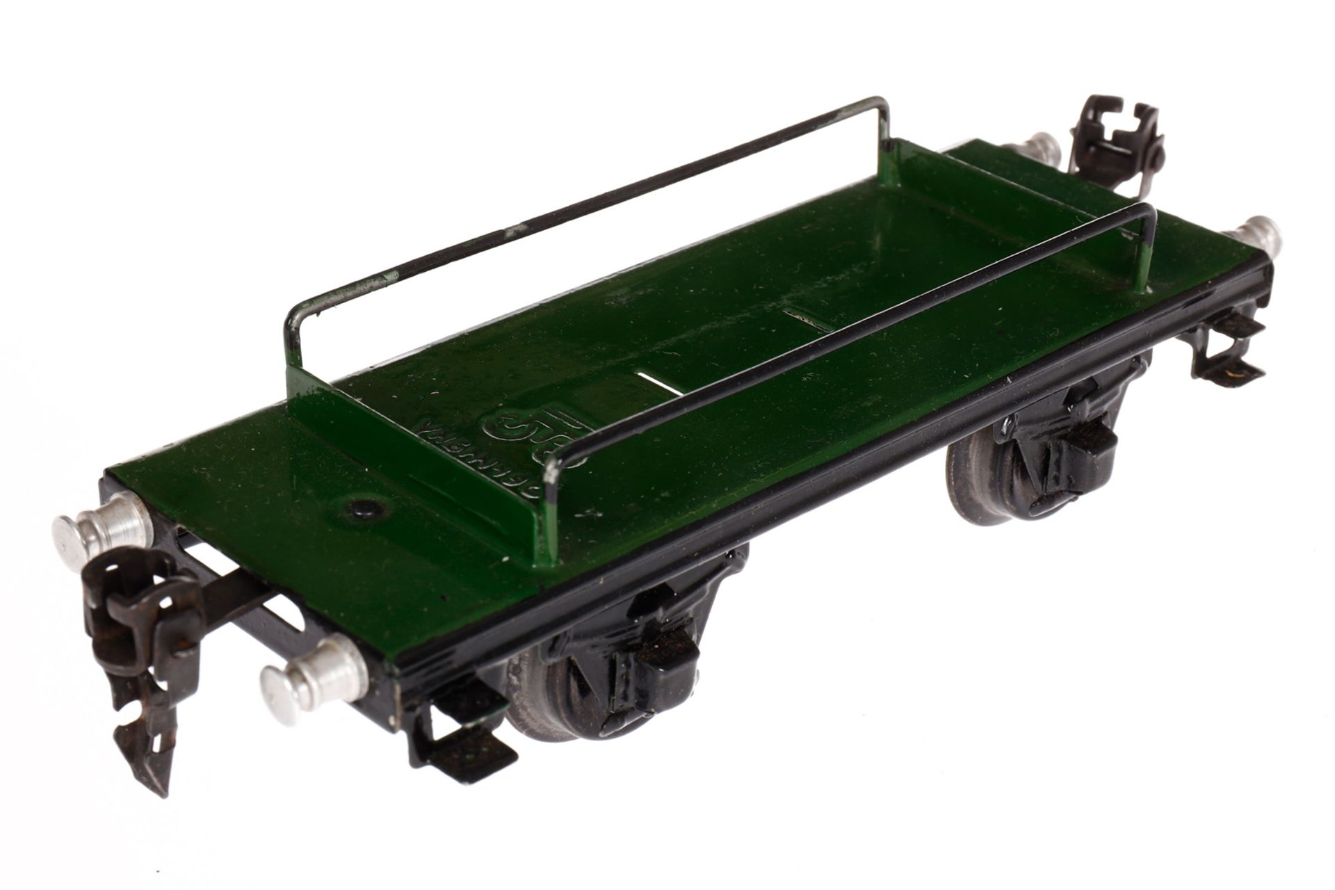 Märklin Plattformwagen 1999, Spur 0, HL, mit 3 Benzinfässern, LS und gealterter Lack, L 16,5, im - Bild 3 aus 5