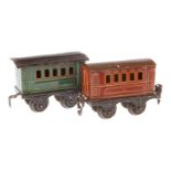 2 Märklin Personenwagen 1861, Spur 0, uralt, CL, 1 Dach ergänzt, 1 rest., LS, L 9,5, Z 3