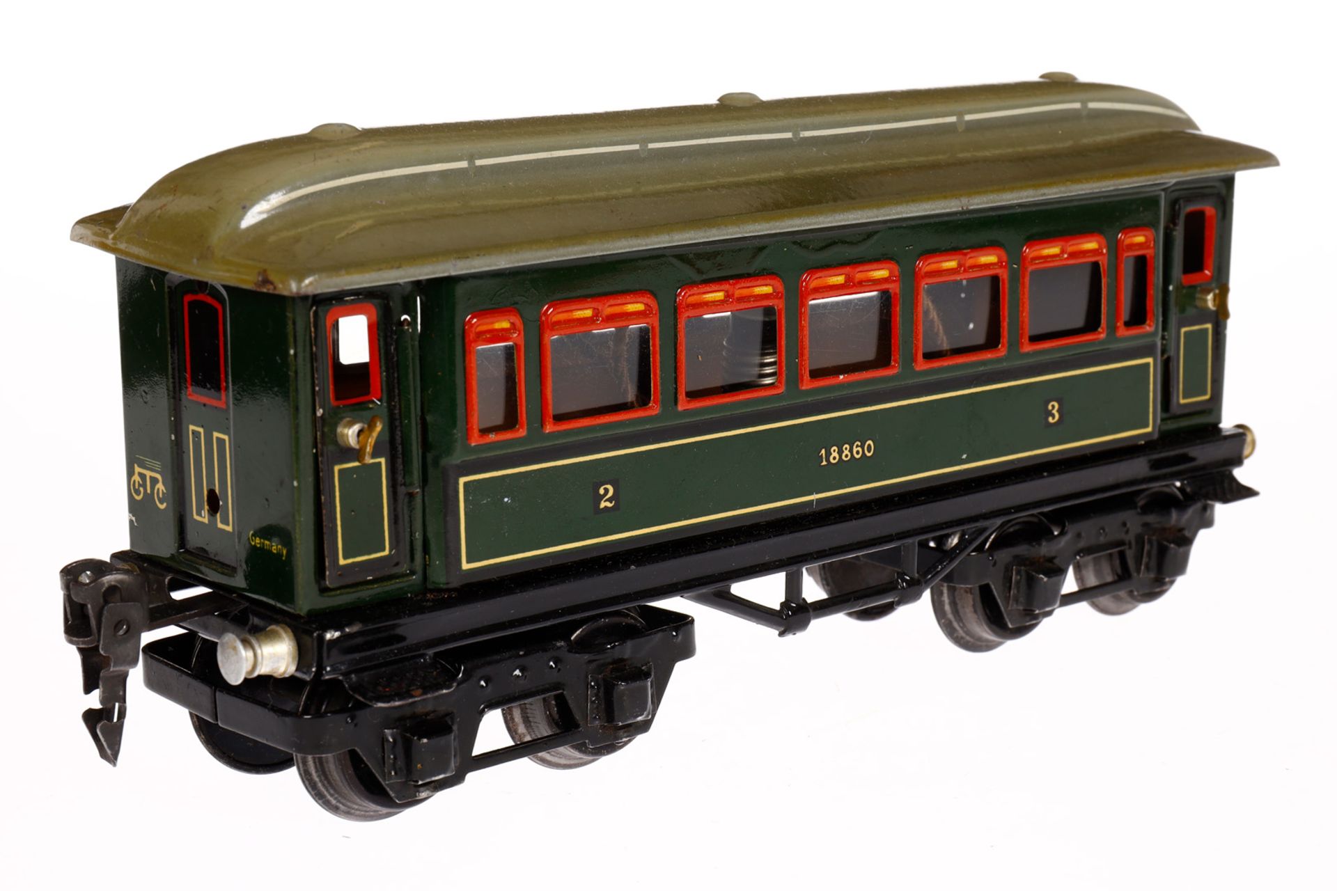 Märklin Personenwagen 1886, Spur 0, CL, mit 4 AT und Beleuchtung, LS und gealterter Lack, L 21,5, im - Bild 2 aus 6