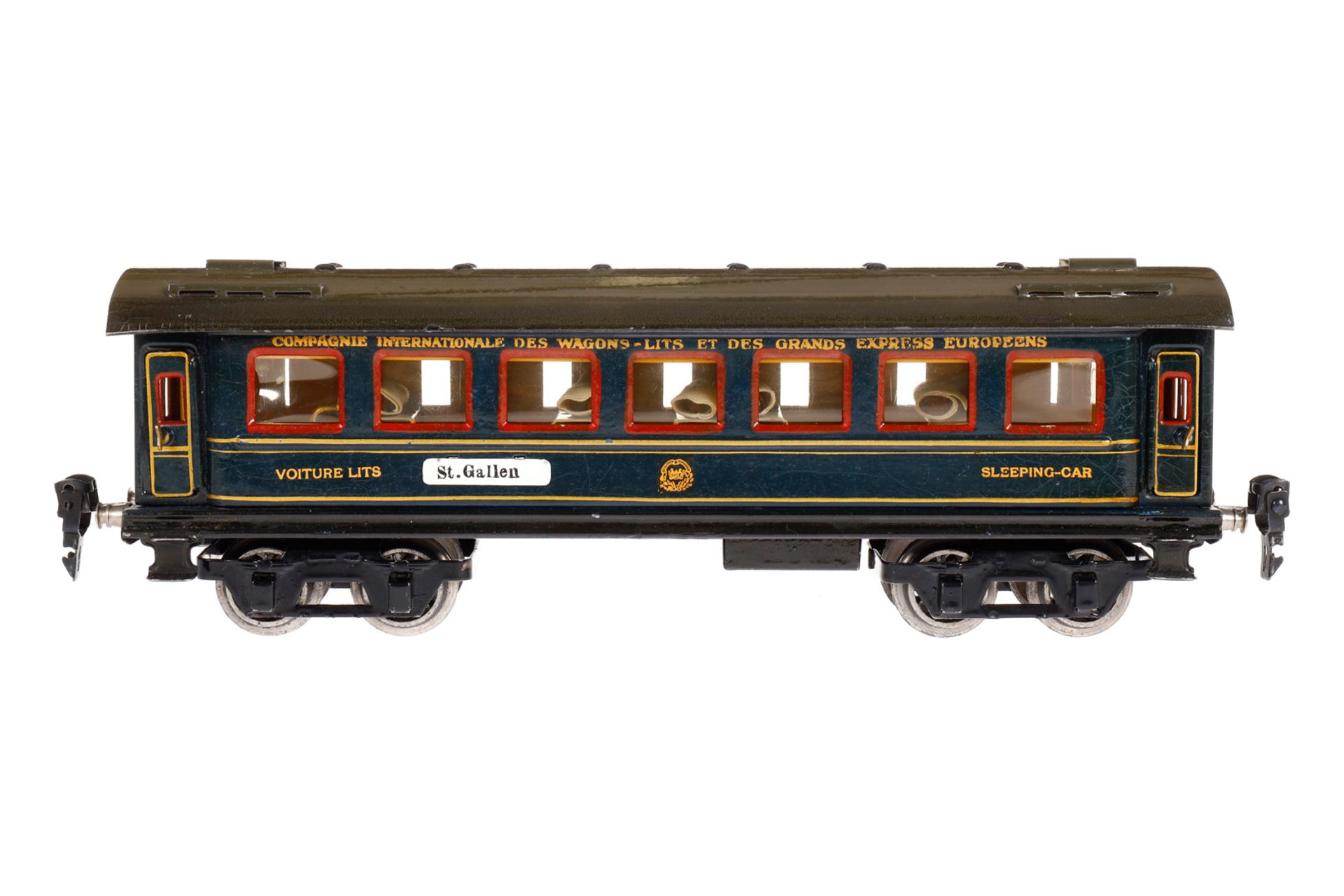 Märklin int. Schlafwagen 1847 G, Spur 0, HL, mit Inneneinrichtung, 4 AT, Gussrädern, Schildern,