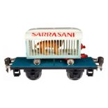 Märklin Plattformwagen 1983, Spur 0, HL, mit Sarrasani Tierwagen und Löwe, LS und gealterter Lack,