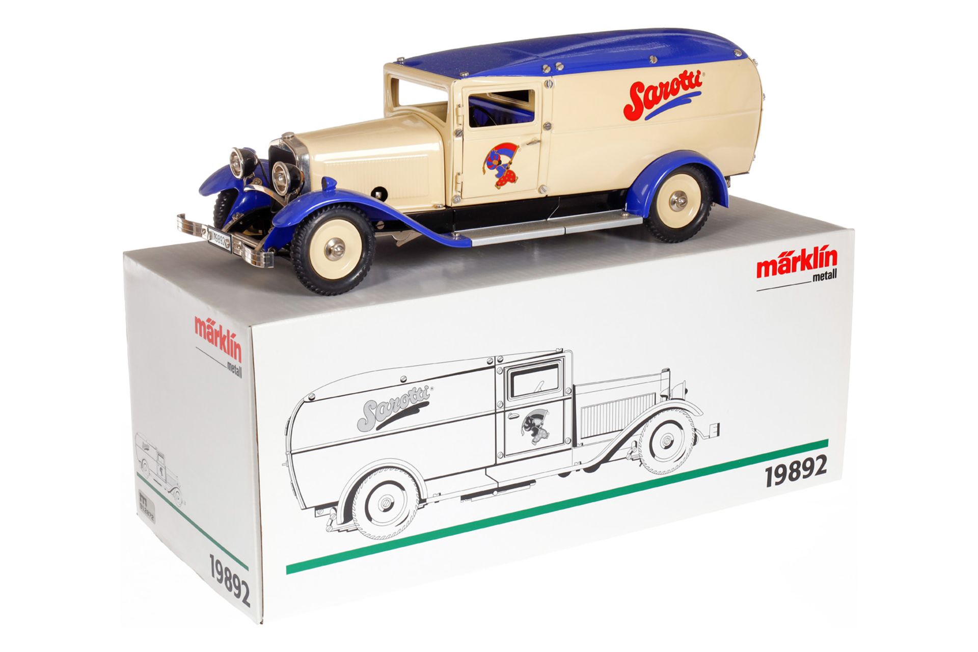 Märklin Sarotti-Auto 19892, gelb/blau, mit Schlüssel, Alterungsspuren, L 40, OK, Z 1-2