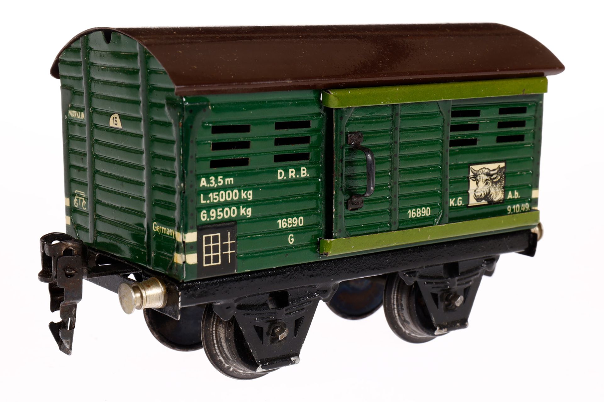 Märklin Viehwagen 1689, Spur 0, CL, mit ST, LS und gealterter Lack, L 13, im tw besch. OK, sonst - Bild 2 aus 5