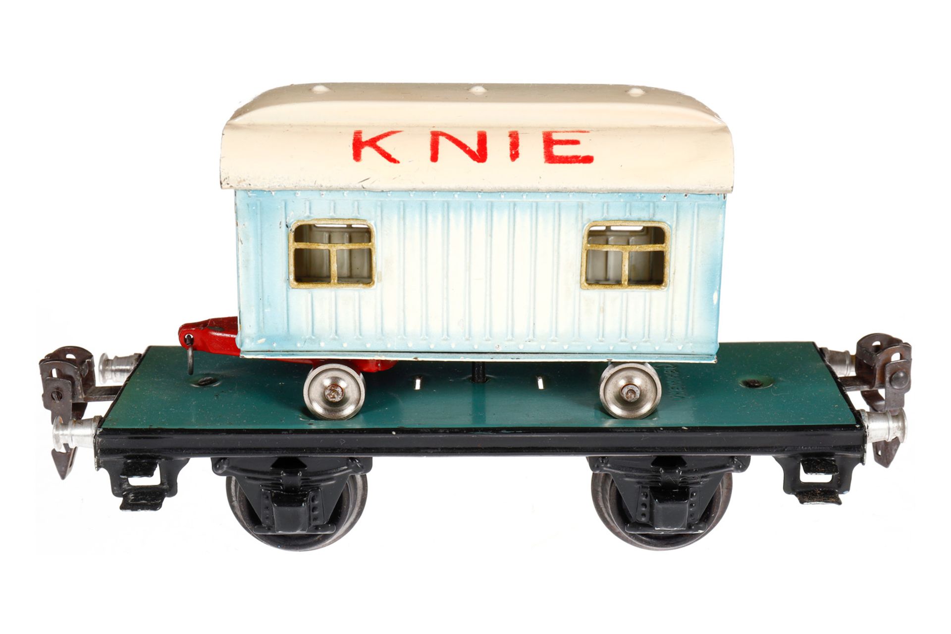 Märklin Plattformwagen1983, Spur 0, HL, mit Knie Kassenwagen, LS und gealterter Lack, L 16,5, im