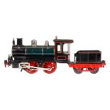 Märklin B-Dampflok 1021, Spur 1, uralt, Uhrwerk intakt, grün/schwarz, mit Tender, Schlüssel und 3