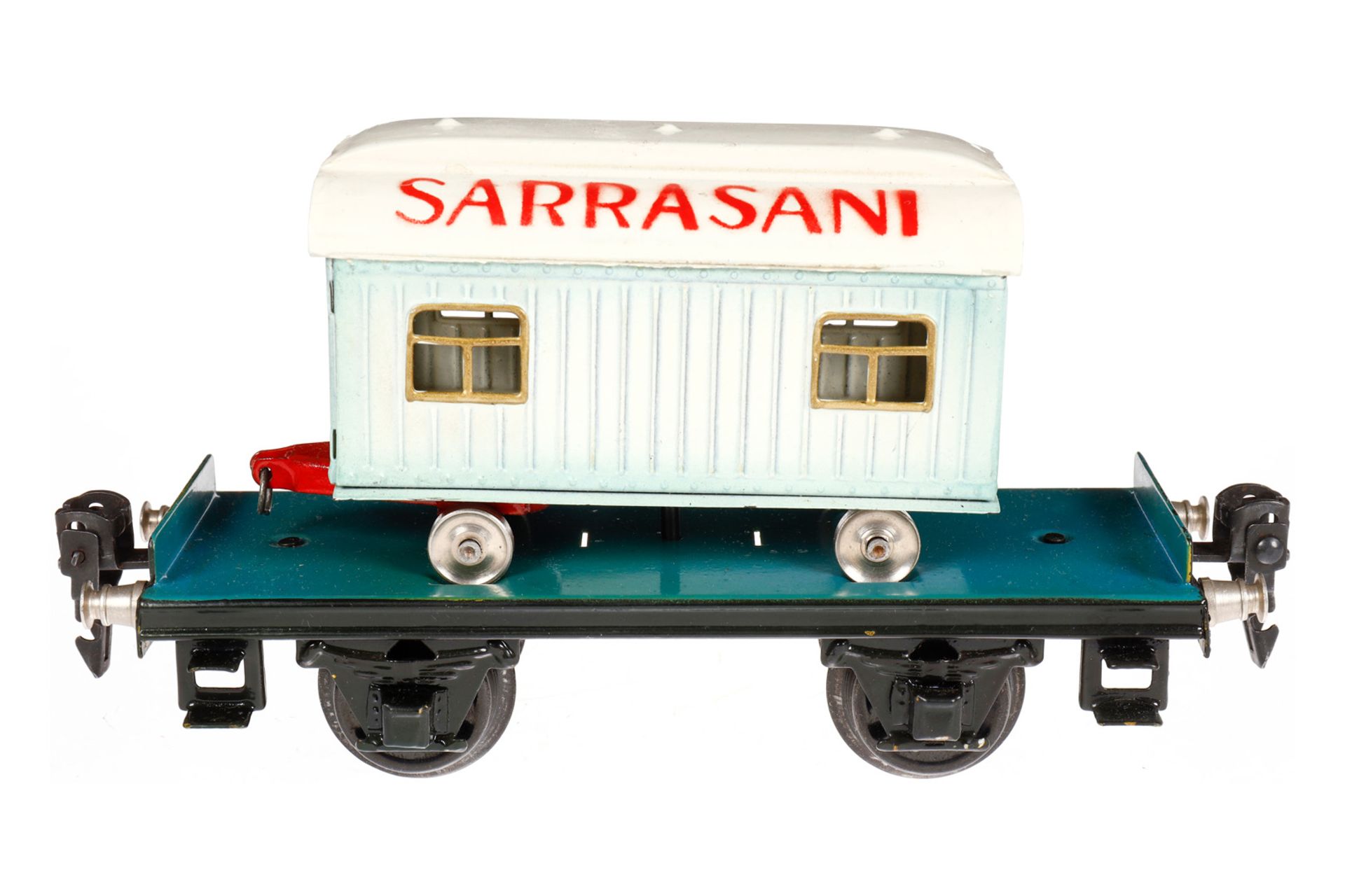 Märklin Plattformwagen 1983, Spur 0, HL, mit Sarrasani Kassenwagen, Unterwagen Klarlack, LS und