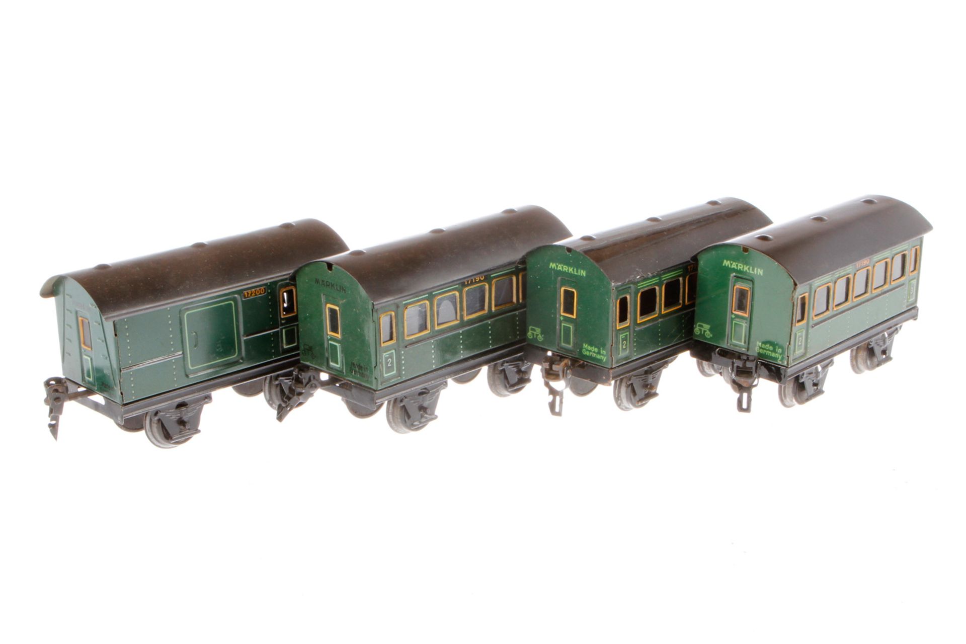 4 Märklin Wagen 1719 und 1720, Spur 0, CL, Dächer rest., L 12,5, Z 3