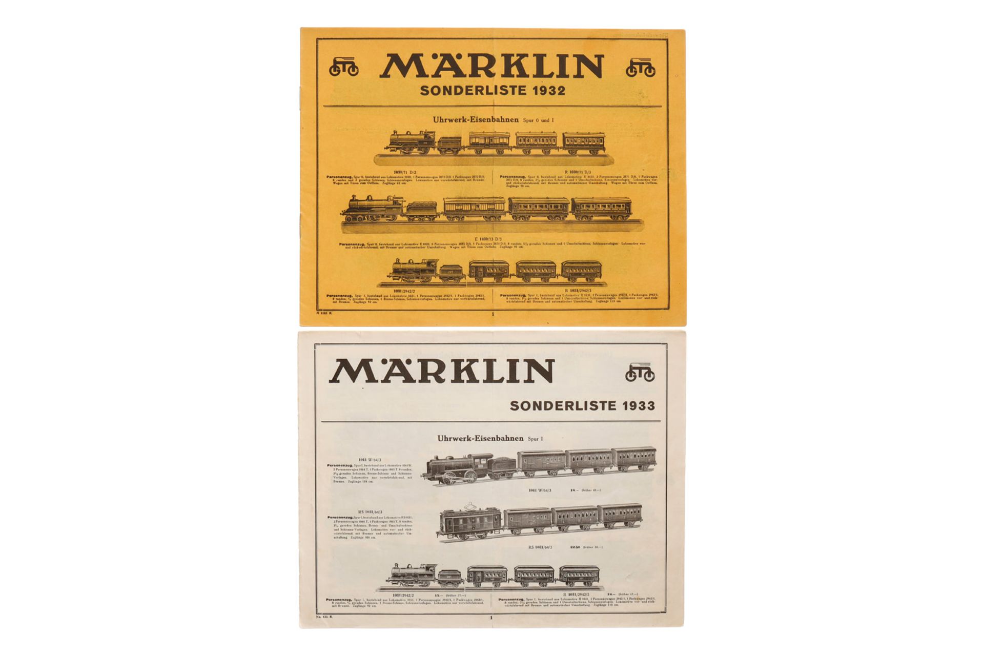 2 Märklin Sonderlisten 1932 und 1933, je 12 Seiten, Alterungsspuren