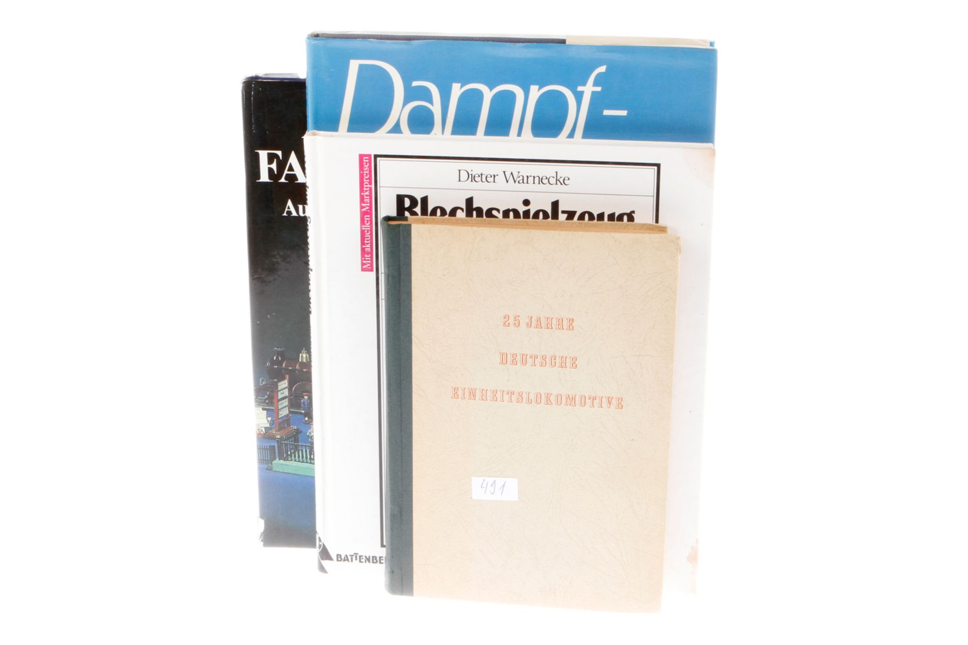 4 Bücher, "25 Jahre deutsche Einheitslokomotive", "Blechspielzeug-Importe", "Dampfromantik" und "Als