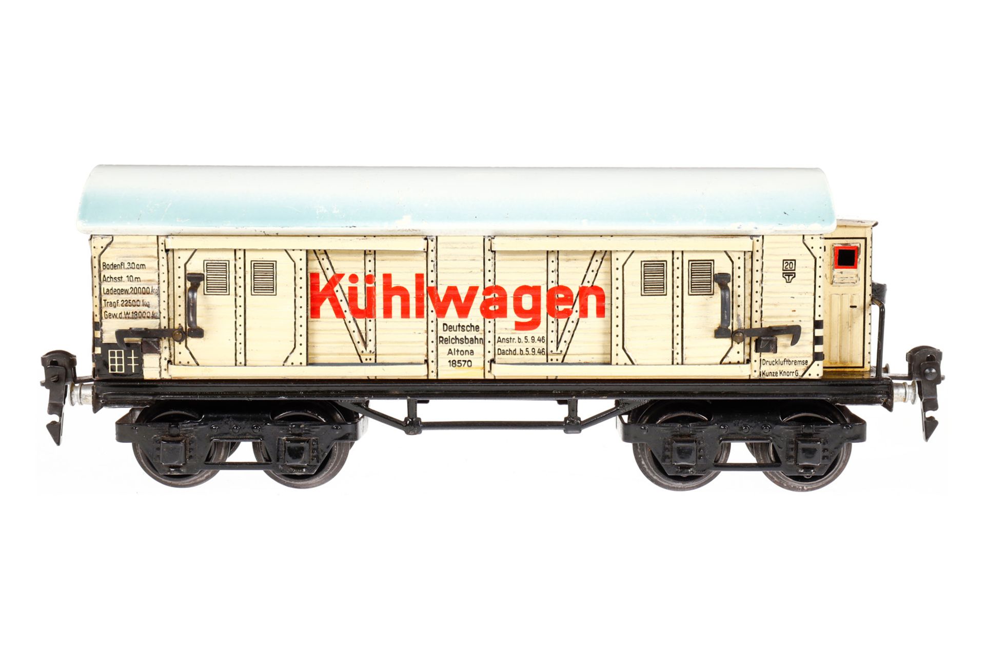 Märklin Kühlwagen 1857, Spur 0, CL, mit BRH und 4 STH, LS und gealterter Lack, L 24,5, im Unter-OK