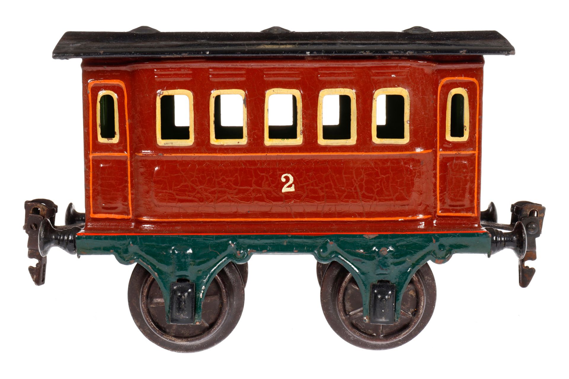 Märklin Personenwagen 1805, Spur 1, uralt, braun, HL, LS und gealterter Lack, L 15, Z 2