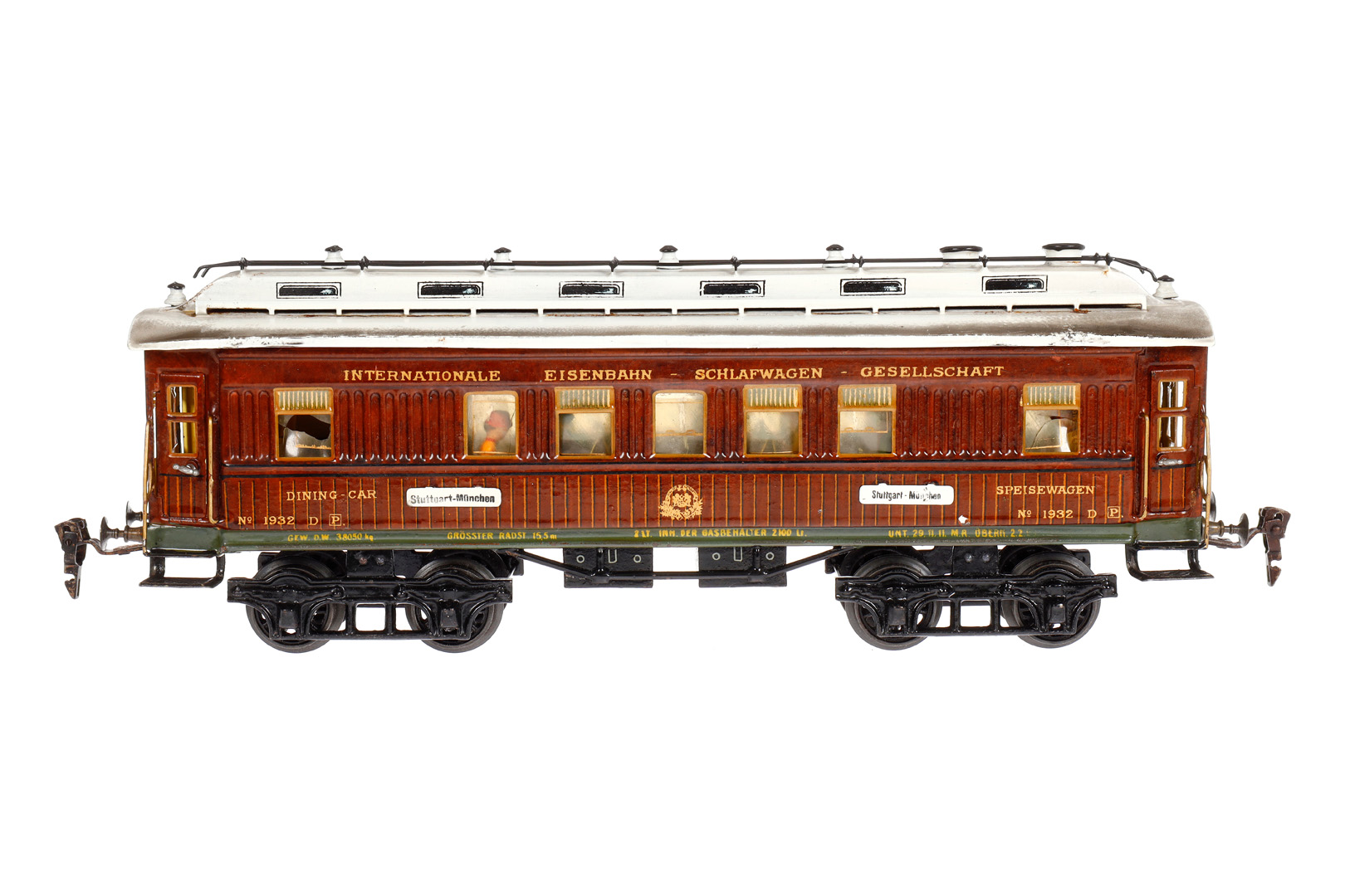 Märklin int. Speisewagen 1932 G, Spur 1, HL, mit Inneneinrichtung, 4 AT, Gussrädern, Schildern und