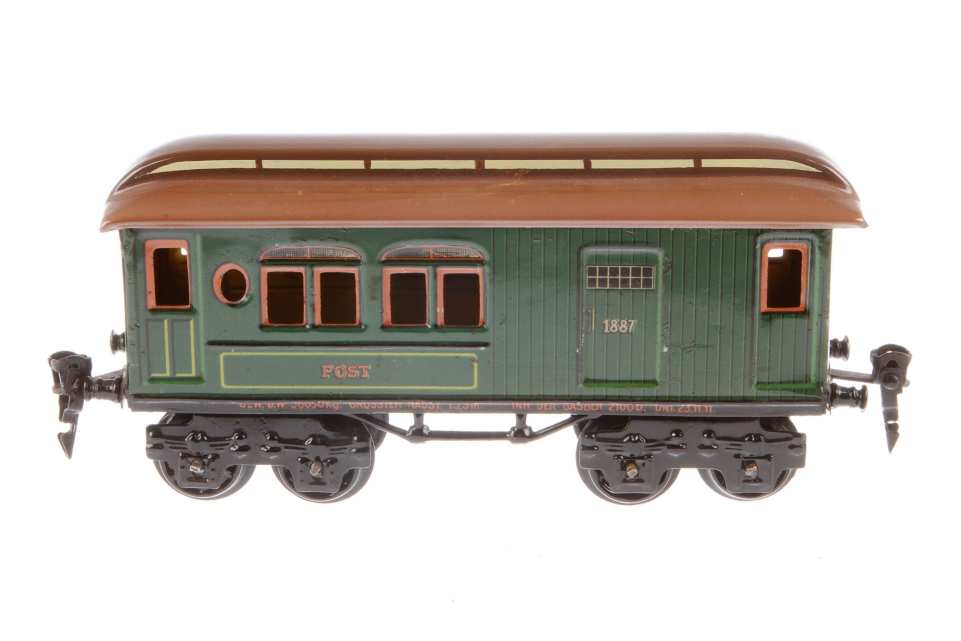 Märklin Post/Gepäckwagen 1887, Spur 0, CL, Dach rest., LS tw ausgeb., L 20, Z 3