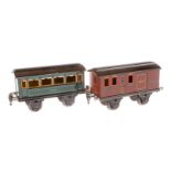 2 Märklin Wagen 1872/1873, Spur 1, CL, 1 Dach rest., LS und gealterter Lack, L 19,5, sonst noch Z