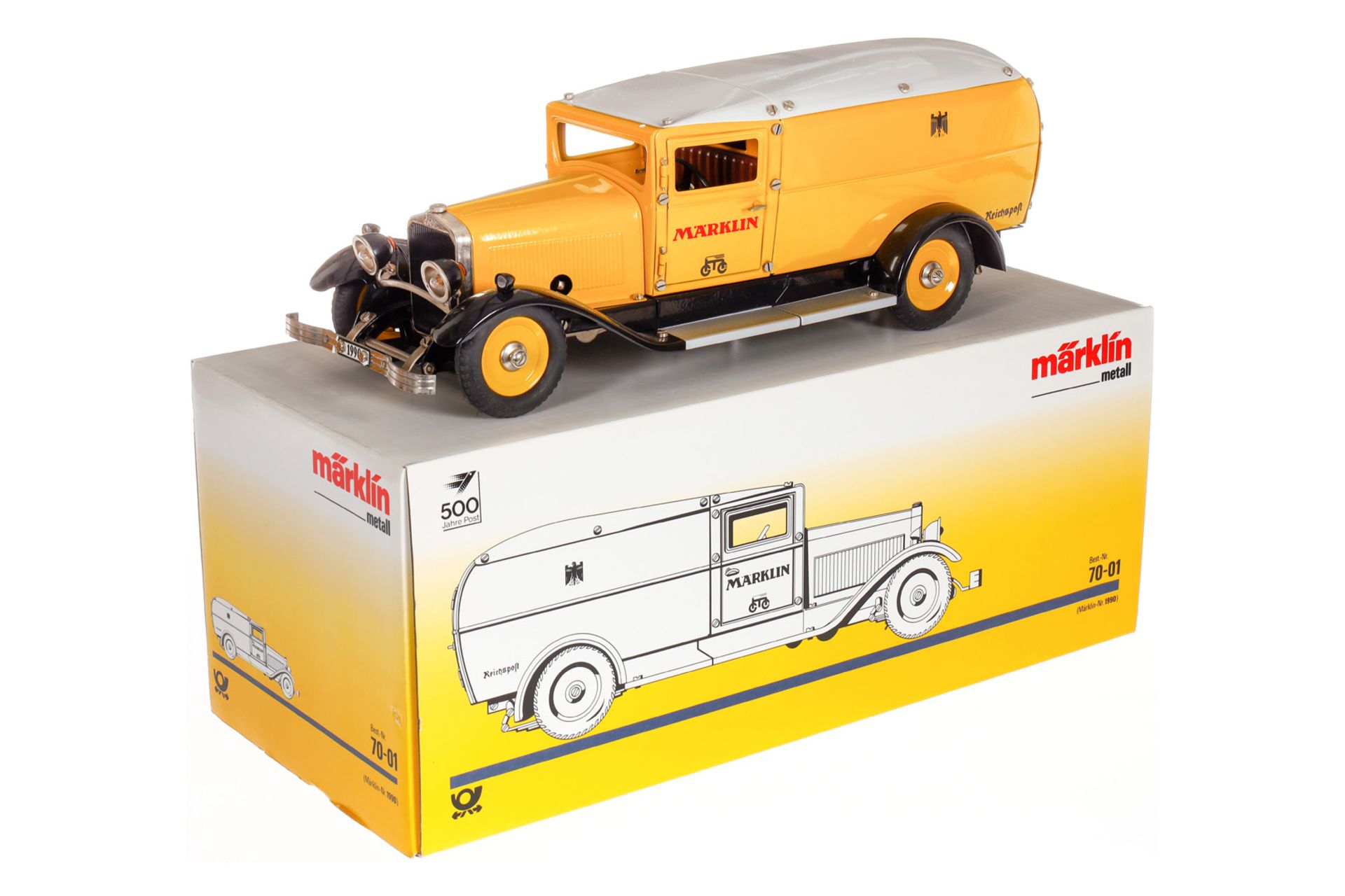 Märklin Post-Paketauto 1990, gelb, mit Schlüssel und Zertifikat, Alterungsspuren, L 40, OK, Z 1-2