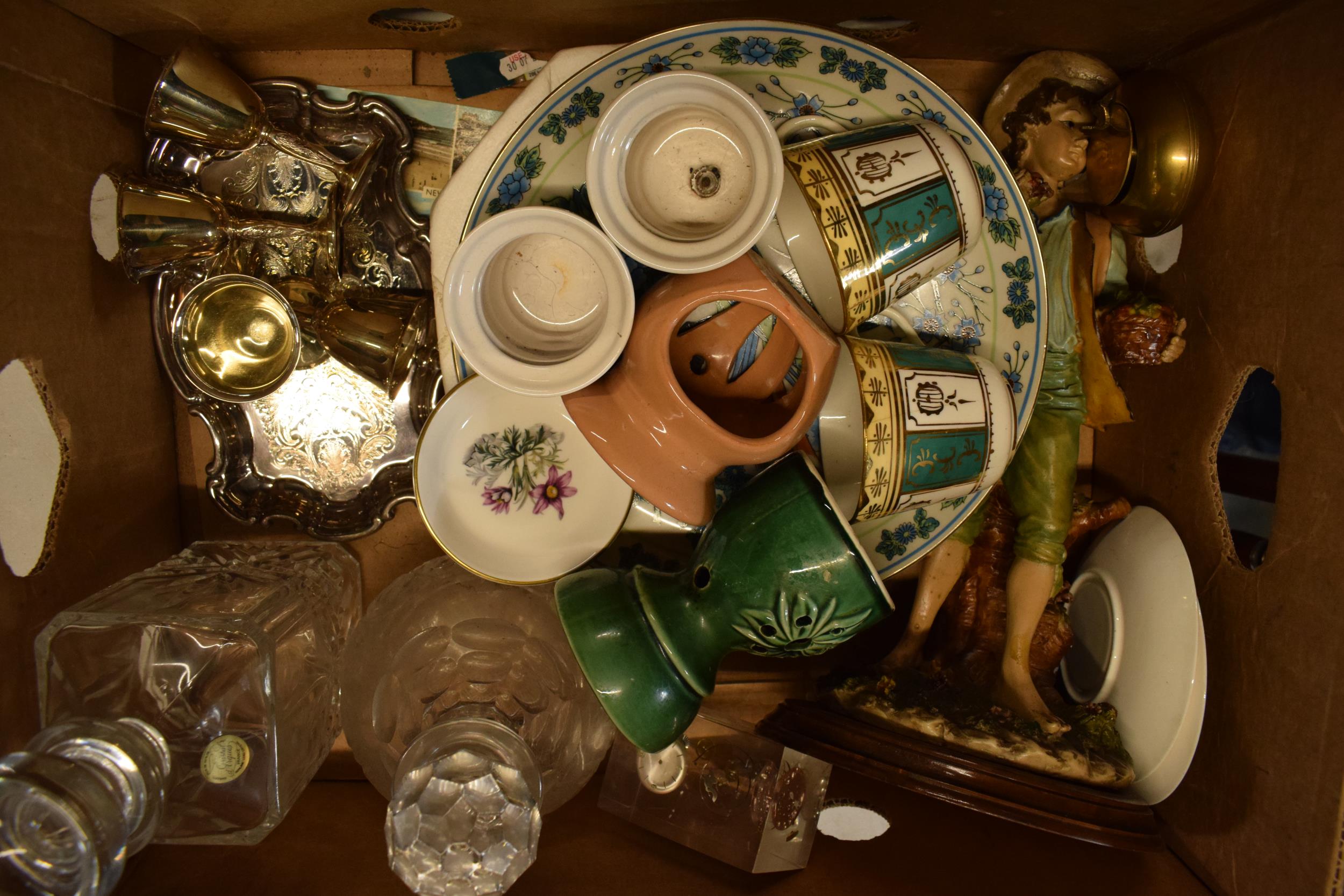 A mixed collection of items to include glass decanters, 19th century tea ware, silver plated