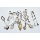 A collection of continental silver and similar items to include spoons, sugar tongs, tea spoons etc.