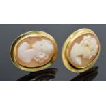 Pair of cameo set earrings in gold coloured metal, testing as 18ct gold, and marked 18kt