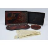 A collection of oriental items to include bone fan components x 23 together with Japanese red