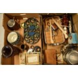 A mixed collection of items to include metal trivets, jelly moulds, a lampbase, ash tray etc. NO