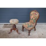 A 19th century walnut carved piano stool with upholstered adjustable seat together with a matching