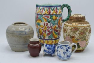 Group of ceramics and collectables: Includes a large European jug, Japanese lidded ginger jar,