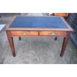 A late 19th / early 20th century wooden desk with a black leather inset with 2 drawers. 123 x 76 x