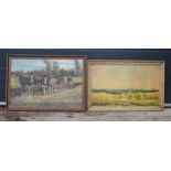 Agricultural interest: An oil on canvas depicting a scene of horses ploughing with an