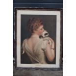 A framed antique print of a dressed lady holding a dog 'Lucky Dog' 74 x 57cm inc frame.