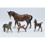 A collection of brown Beswick horses and foals to include mare facing left 976, early Shetland foal,