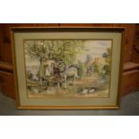 A country scene of a man walking shire horses signed by J Dennison. In good condition. 71 x 54cm inc