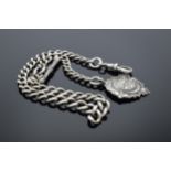 Silver Albert watch chain and silver fob with T bar. 40.4 grams. 39cm long.