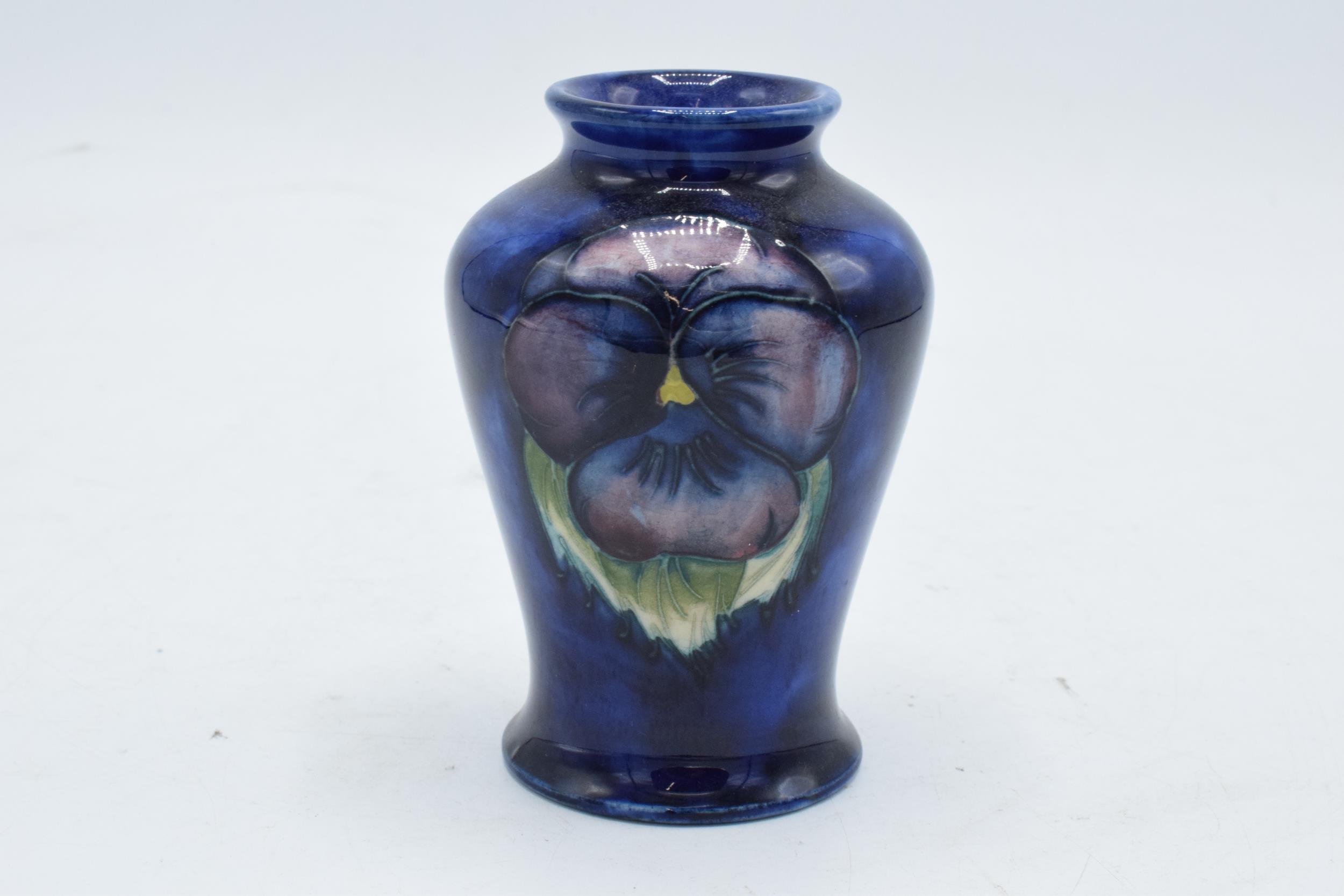 Moorcroft small Pansy vase. 9.5cm tall. In good condition with no obvious damage or restoration.