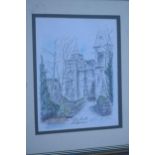 A framed print of Alton Castle, Staffordshire, signed by Lois Scragg 1996. 41 x 34cm inc frame.