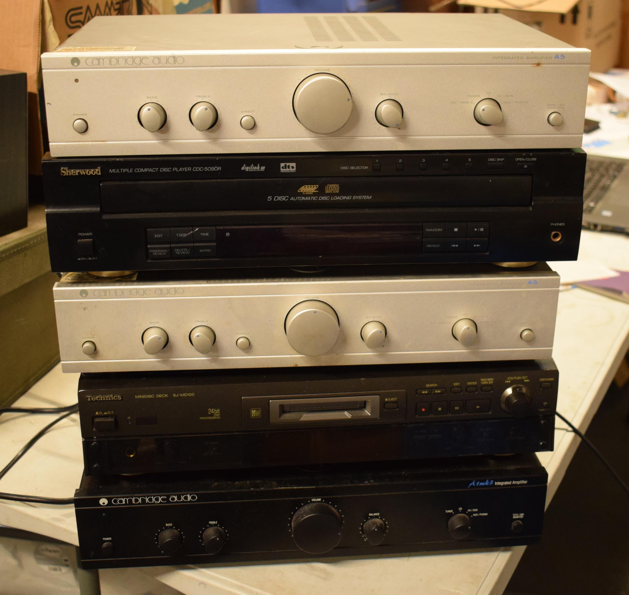 A collection of Hi Fi and audio equipment to include Cambridge Audio A5 integrated amplifier x 2,