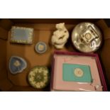 A collection of pottery to include Wedgwood Jasperware, a Queensware trinket box, Royal Albert