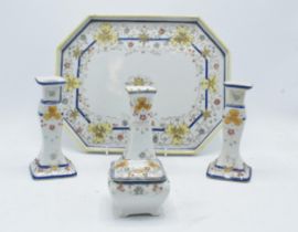 A dressing table set by Kinto China handpainted Nippon to consist of a rectangular tray, a pair of