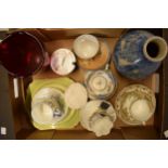 A mixed collection of items to include floral tea ware, a thick pottery mid-century vase, a glass