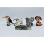 A collection of comical Weatherby pottery Zookie figures to include a lamb, toucan, a puppy, an