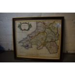 An original framed Robert Morden map of South Wales that has later hand-coloured additions. 49 x