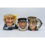 A trio of large Royal Doulton character jugs to include Veteran Motorist D6633, Poacher D6429 and