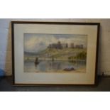 A framed watercolour of an estuary and an overlooking castle, possibly a Welsh scene, unsigned. 62 x
