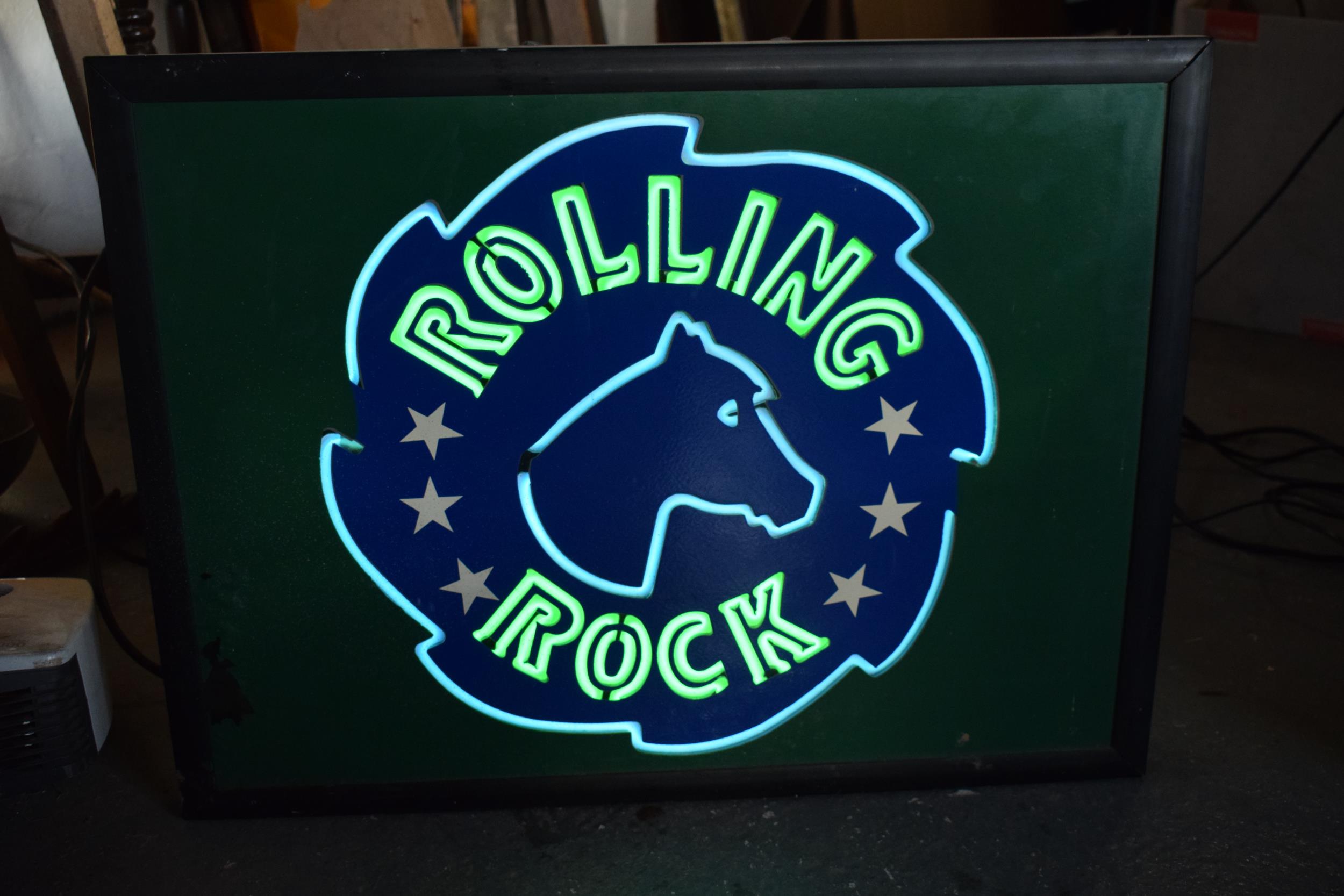 A late 20th century Rolling Rock beer neon advertising sign. 63 x 48cm. NO POSTAGE.