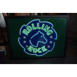 A late 20th century Rolling Rock beer neon advertising sign. 63 x 48cm. NO POSTAGE.