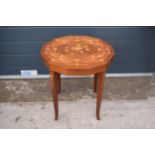 Italian style inlaid wooden sewing table with fold up lid 48 x 48 x 50cm. In good functional