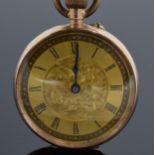 A 9ct gold cased open-faced top-wind pocket watch. marked '9K' to inside of back. 34.4 grams gross